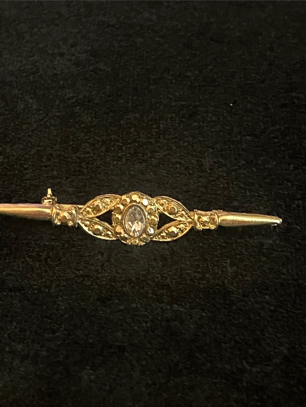 Gold Tone Filigree Bar Brooch with Clear Stone